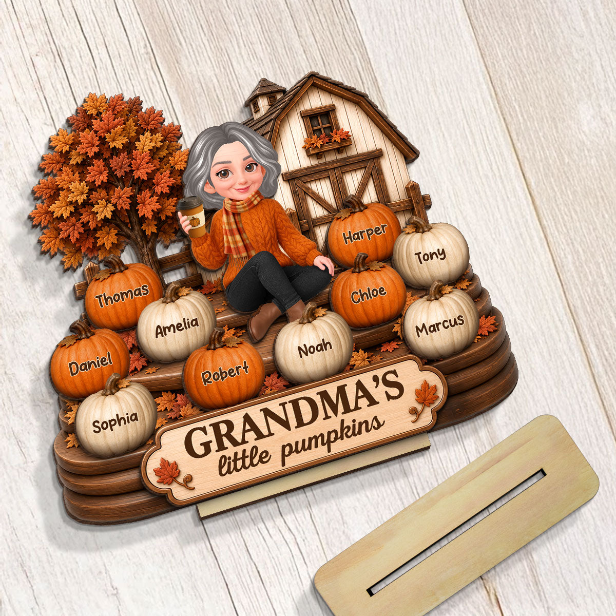 Fall Season Cozy Warm Farmhouse Style Grandma's Little Pumpkins - Personalized 2-Layered Wooden Plaque - Fall Decor For Grandma