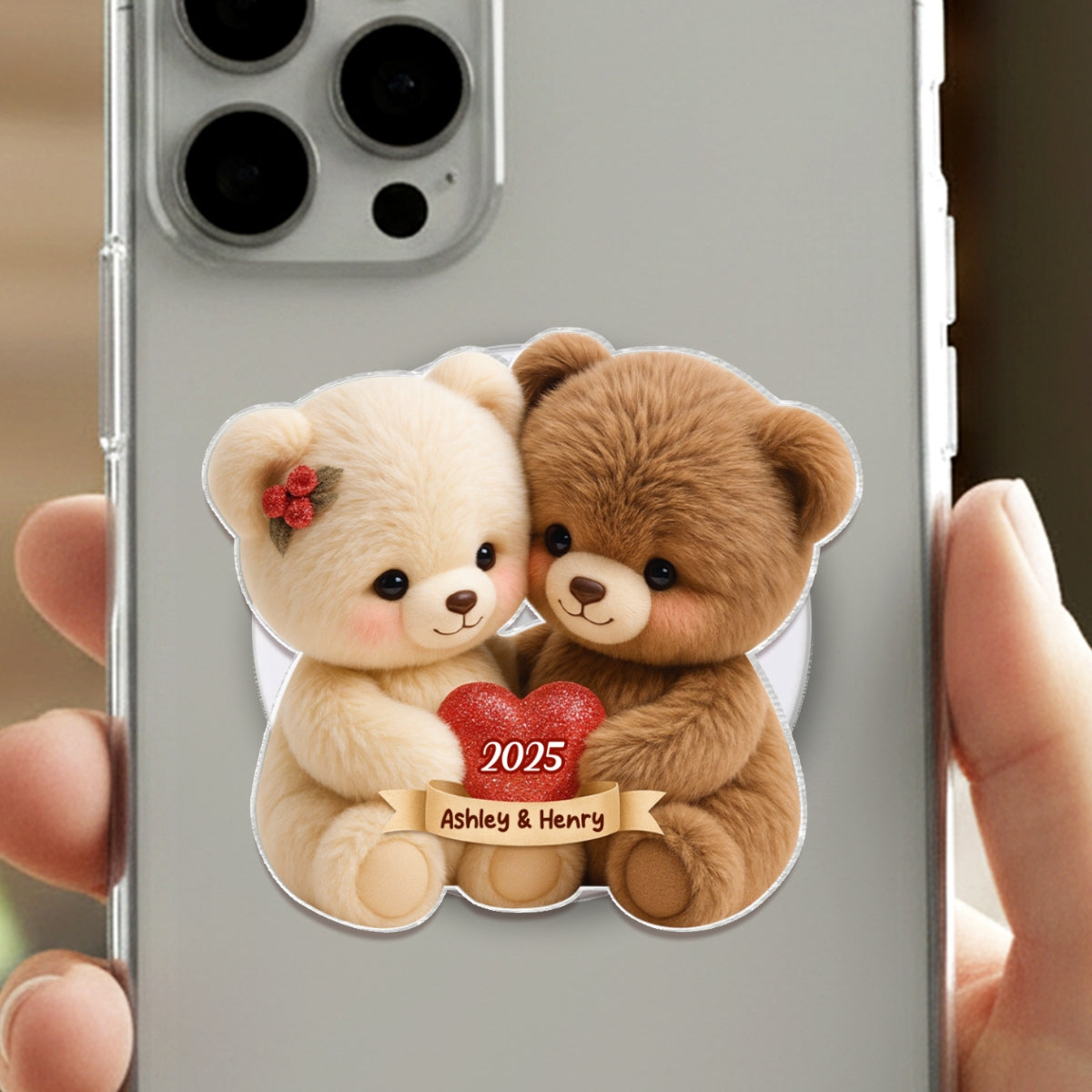 Loving Bear Couple - Personalized Acrylic Magnetic Phone Grip - Gift for him, for her, Matching Phone Grips for Couple