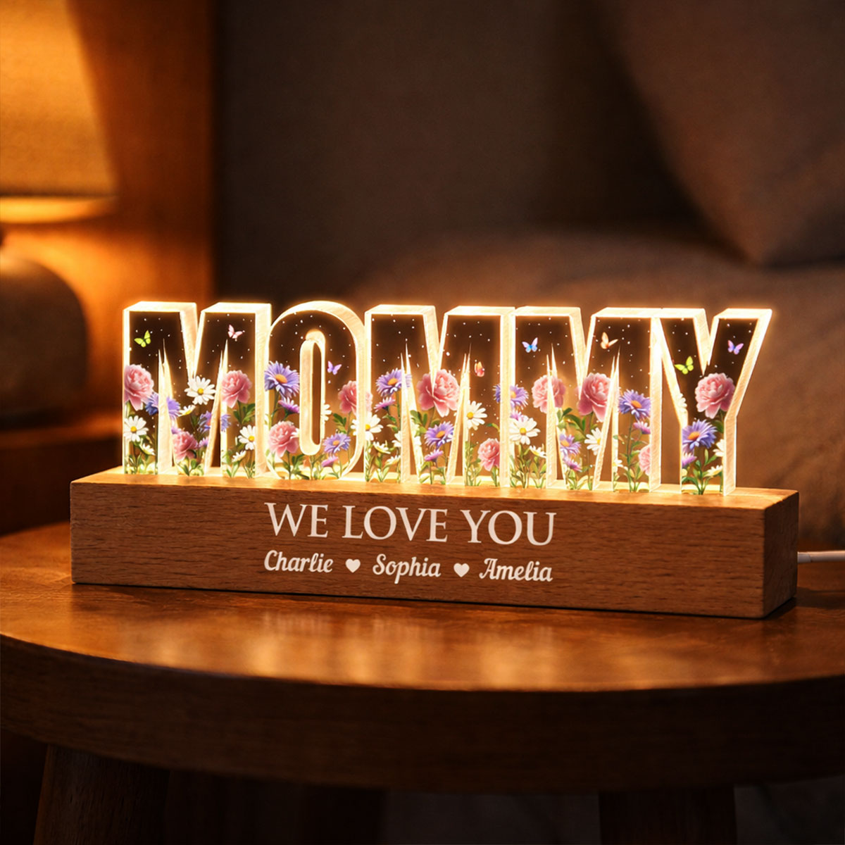 Custom Birth Month Flower Printed - Personalized Acrylic Block LED Night Light - Sentimental Mother's Day Gift for Mom, Grandma