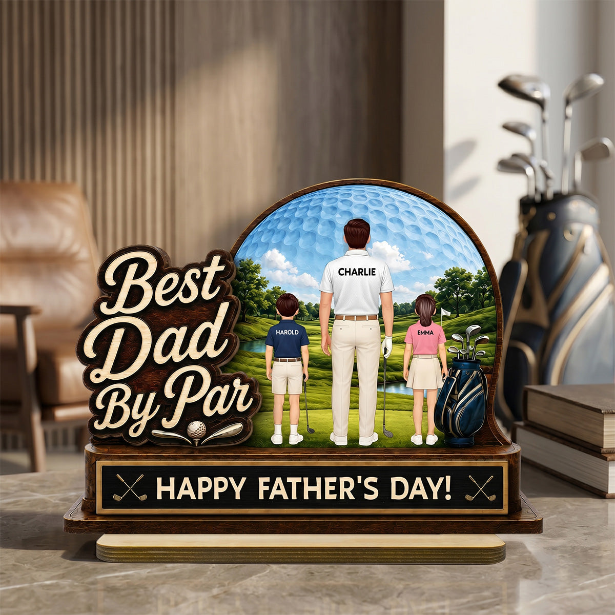 Best Dad By Par Custom Man & Kids Back View - Personalized 2-Layered Wooden Plaque -  Gift For Golf Dad