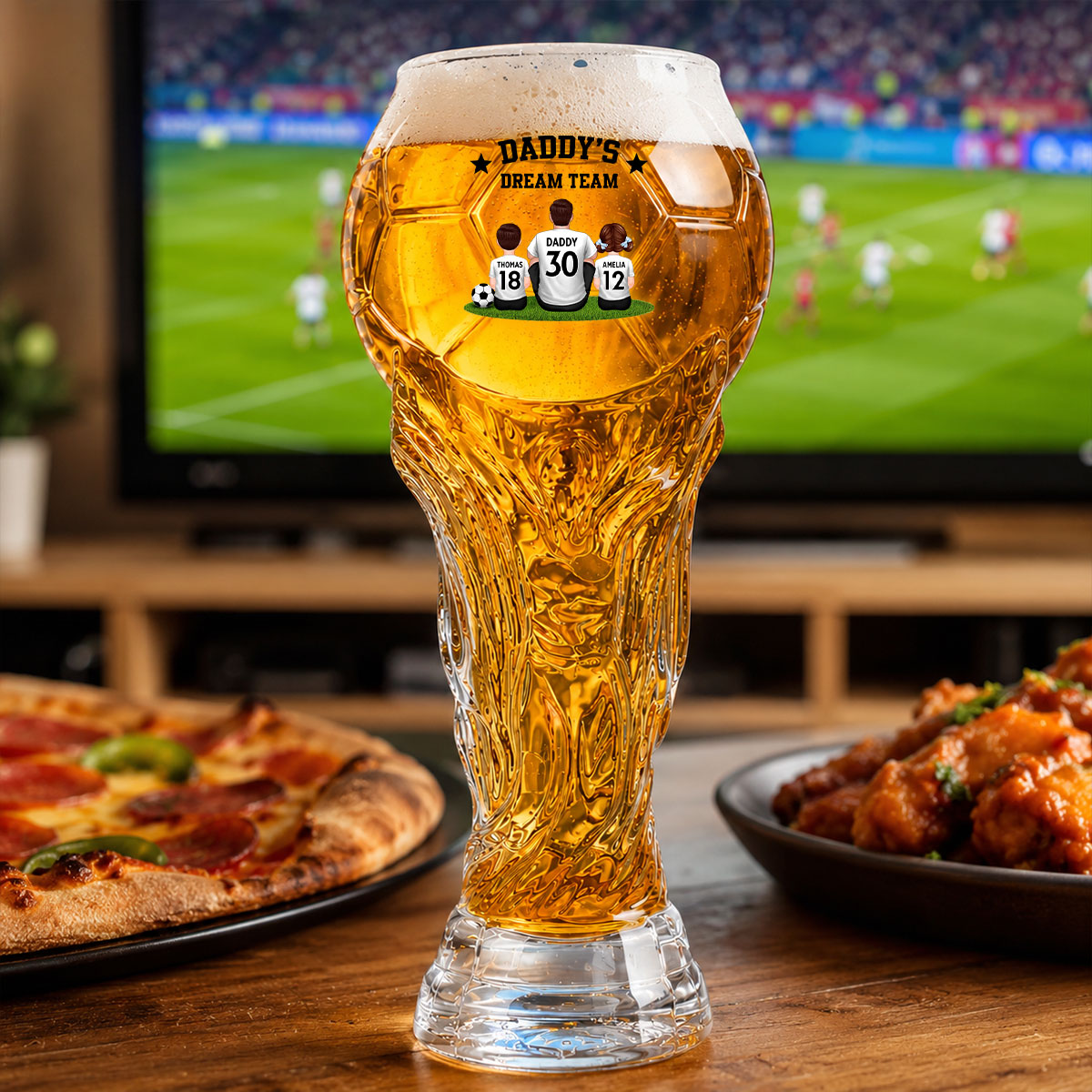 Daddy's Dream Team World Cup 2026 Football - Personalized Trophy Beer Glass - Match Day Beer Glass, Birthday Gift for Him, Gift for Dad