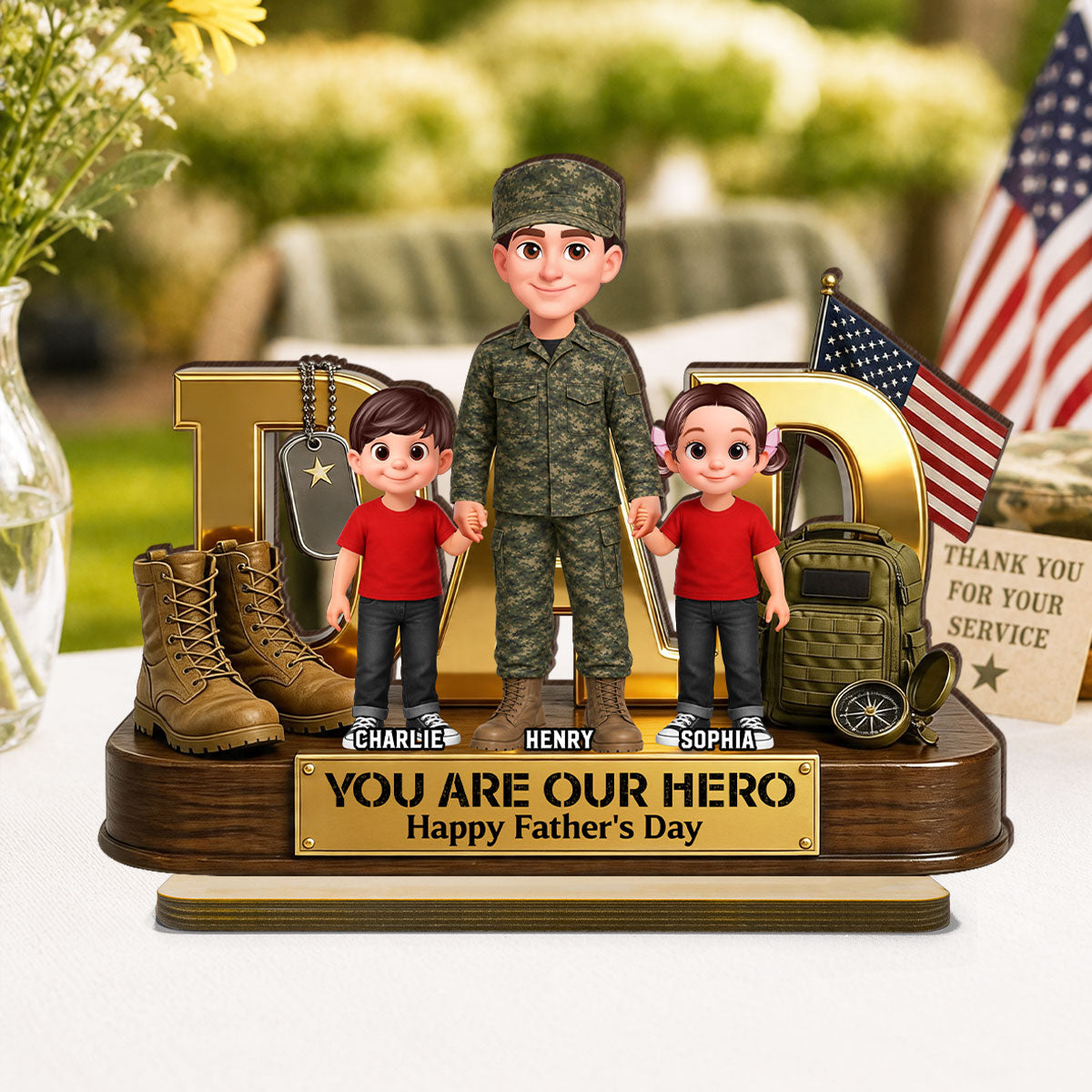Proud American Millitary Dad - Personalized 2-Layered Wooden Plaque -  Gift For Dad, Husband