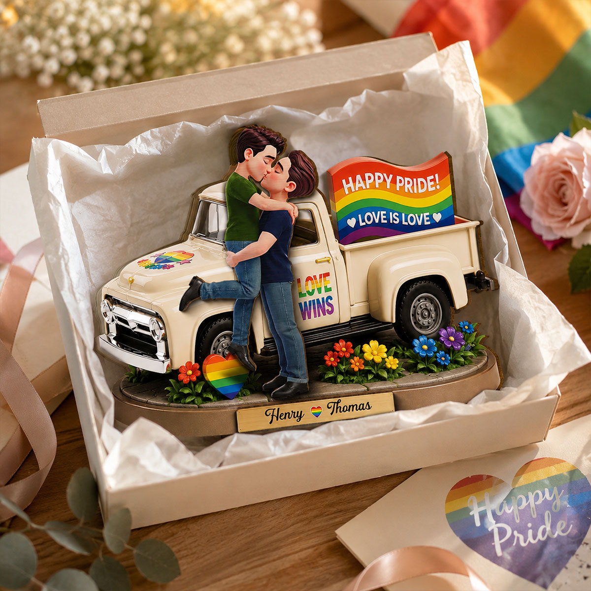 Love Is Love Couple Kissing By Truck 2D Flat - Personalized 2-Layered Wooden Plaque - Pride Month Keepsake