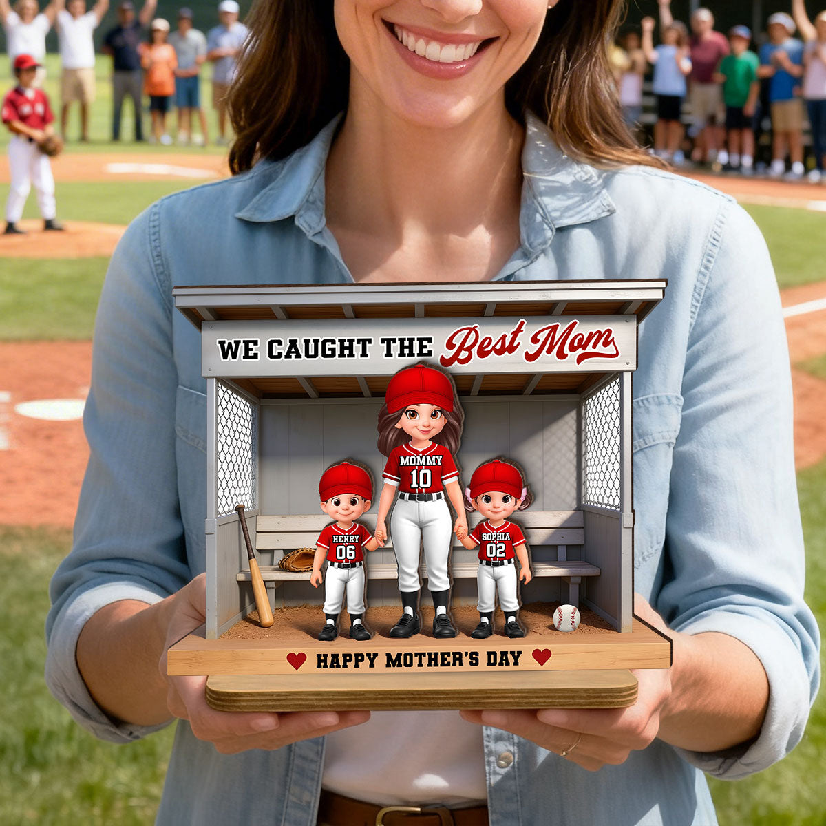 Baseball Softball We Caught The Best Mom - Personalized 2-Layered Wooden Plaque - Mother's Day Gift For Baseball Mom