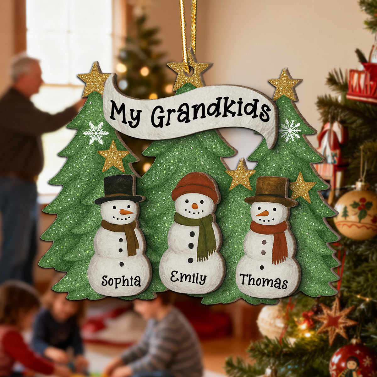 Snowman Grandparent Grandchildren Family Christmas Tree - Personalized 2-Layer Wooden Ornament