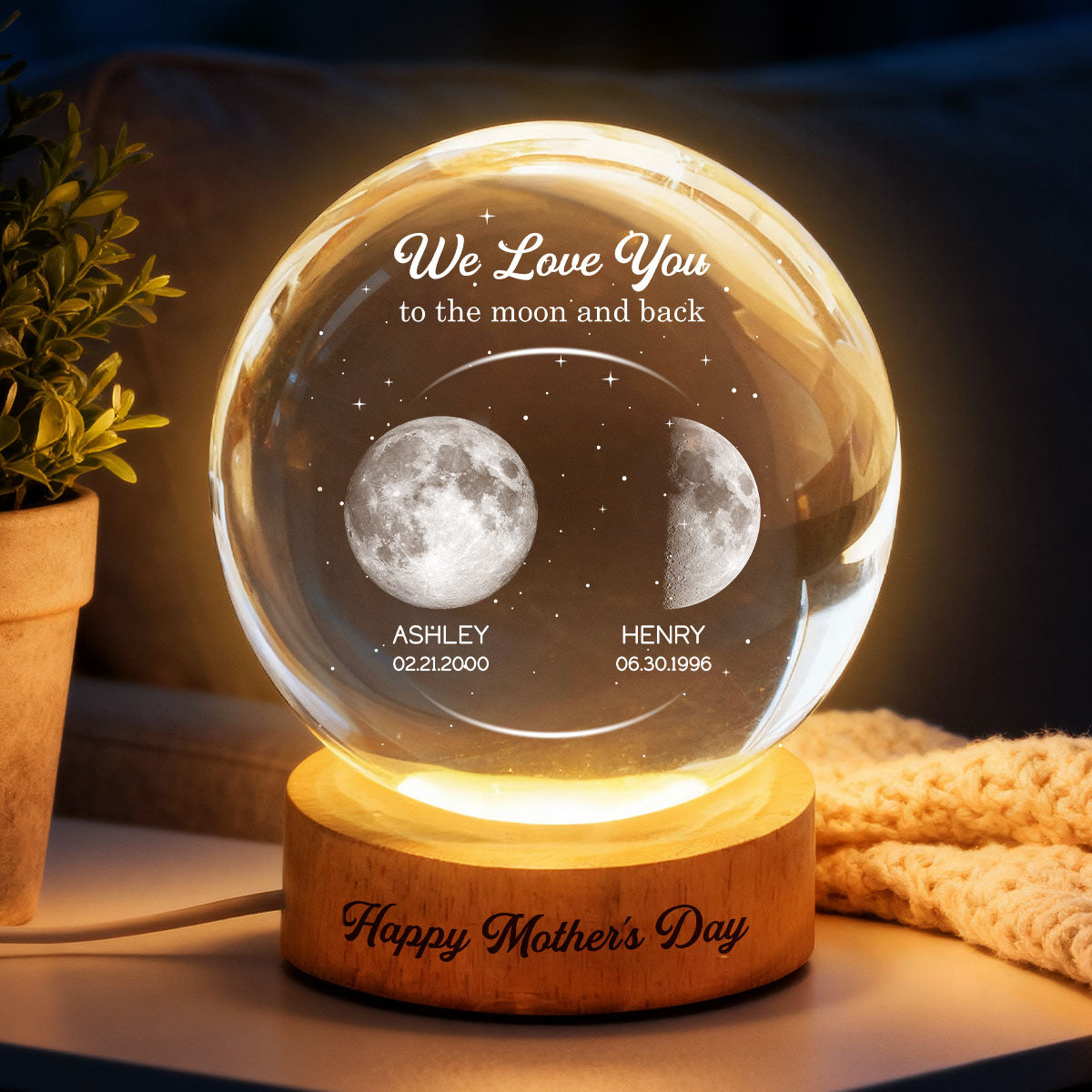 Love to the Moon and Back, Custom Moon Phase by Date - Personalized Crystal Ball LED Night Light - Mother's Day Gift for Mom, Wife