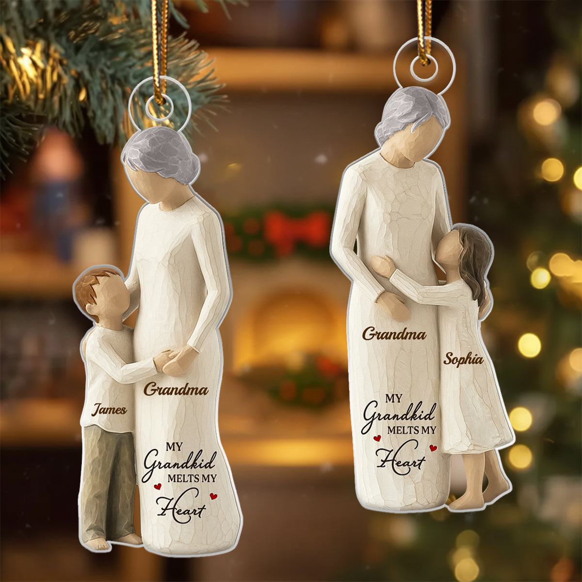 Grandma And Granddaughter Grandson Wooden Figurine - Personalized Acrylic Ornament - Heartwarming Christmas Gift For Grandma, Grandkid, Family