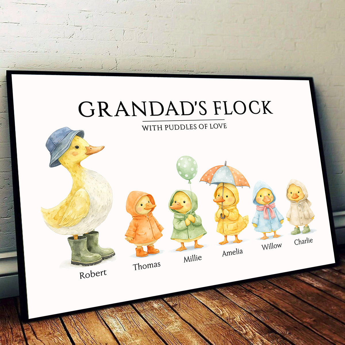 Grandparents Grandad Grandma's Flock with Puddles of Love - Personalised Poster - UK Father's Day Gift for Grandpa