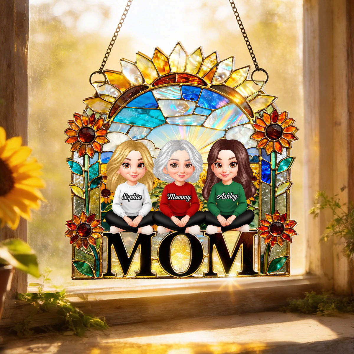 Mom And Children Sunflower - Personalized Suncatcher - Heartfelt Mother's Day Gift for Mom