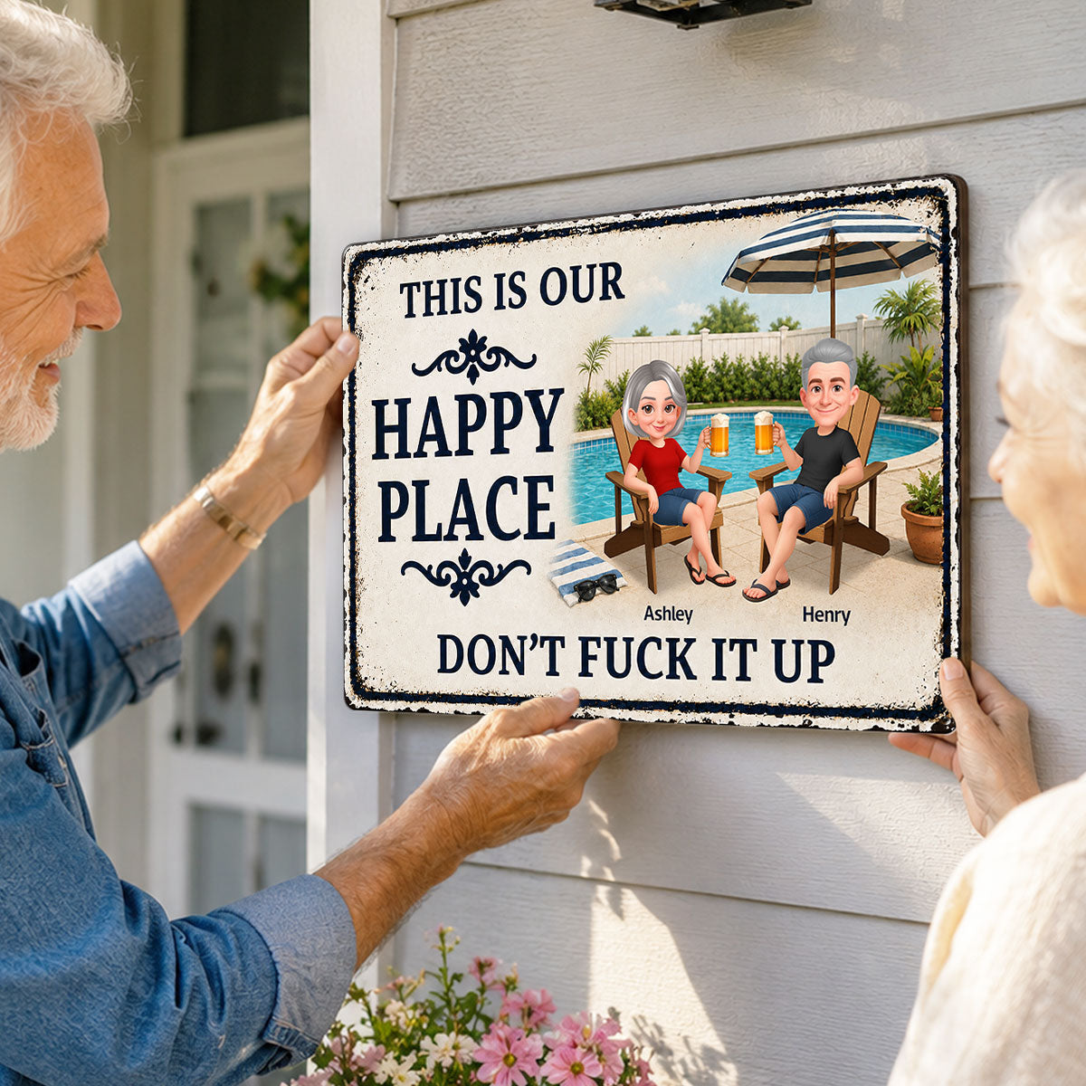 This Is Our Happy Place Poolside Paradise - Personalized Metal Sign - Funny Sarcasm Summer Decoration