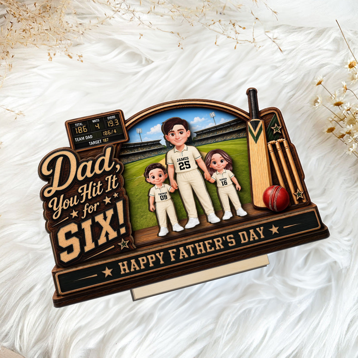 Hit A Six With The Best Dad Cricket Dad & Kids On Court - Personalised 2-Layered Wooden Plaque -  Gift For Husband, Dad