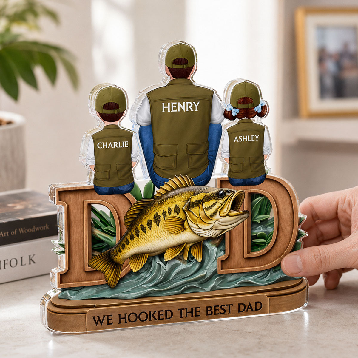 Fishing Dad And Kids Sitting Together - Personalized Acrylic Block Plaque - Heartfelt Gift For Fishing Dad, Husband
