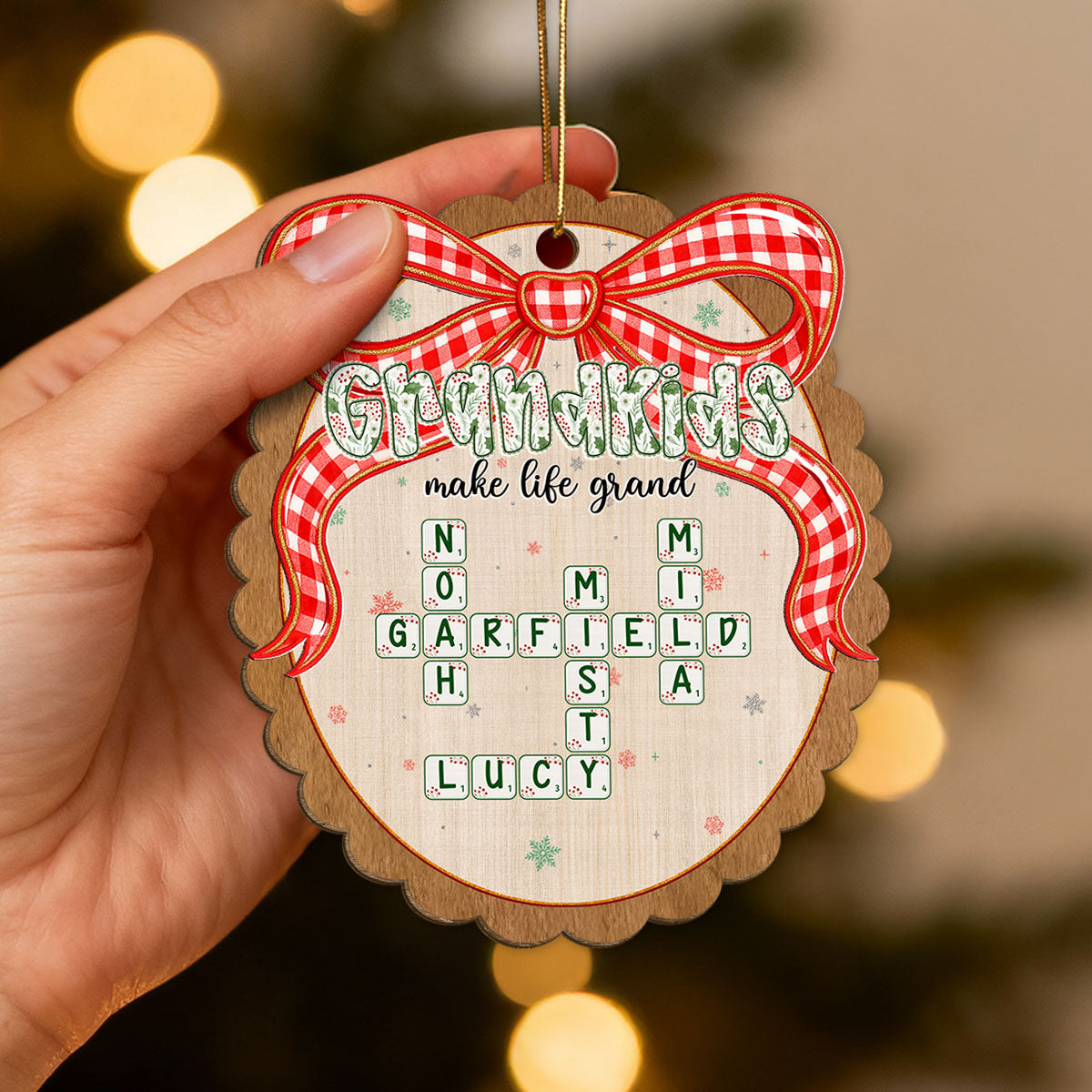 Grandkids Make Life Grand Coquette Floral Christmas Pattern Crossword Puzzle Art - Personalized Wooden Ornament