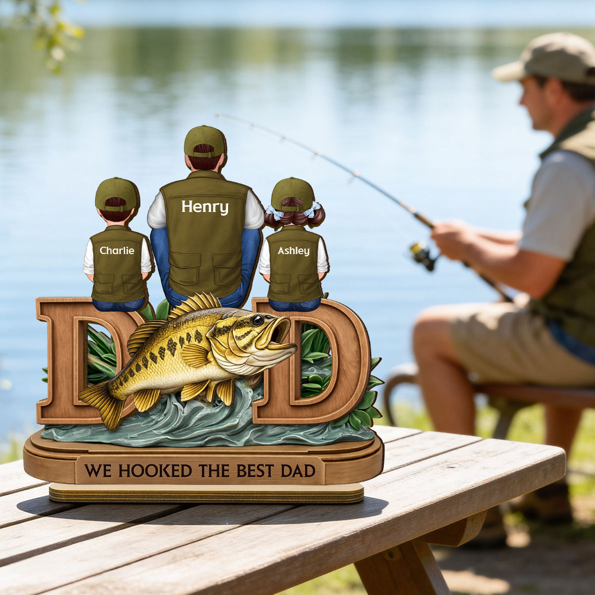 Fishing Dad And Kids Sitting Together - Personalized 2-Layered Wooden Plaque - Heartfelt Gift For Dad, Gift For Husband