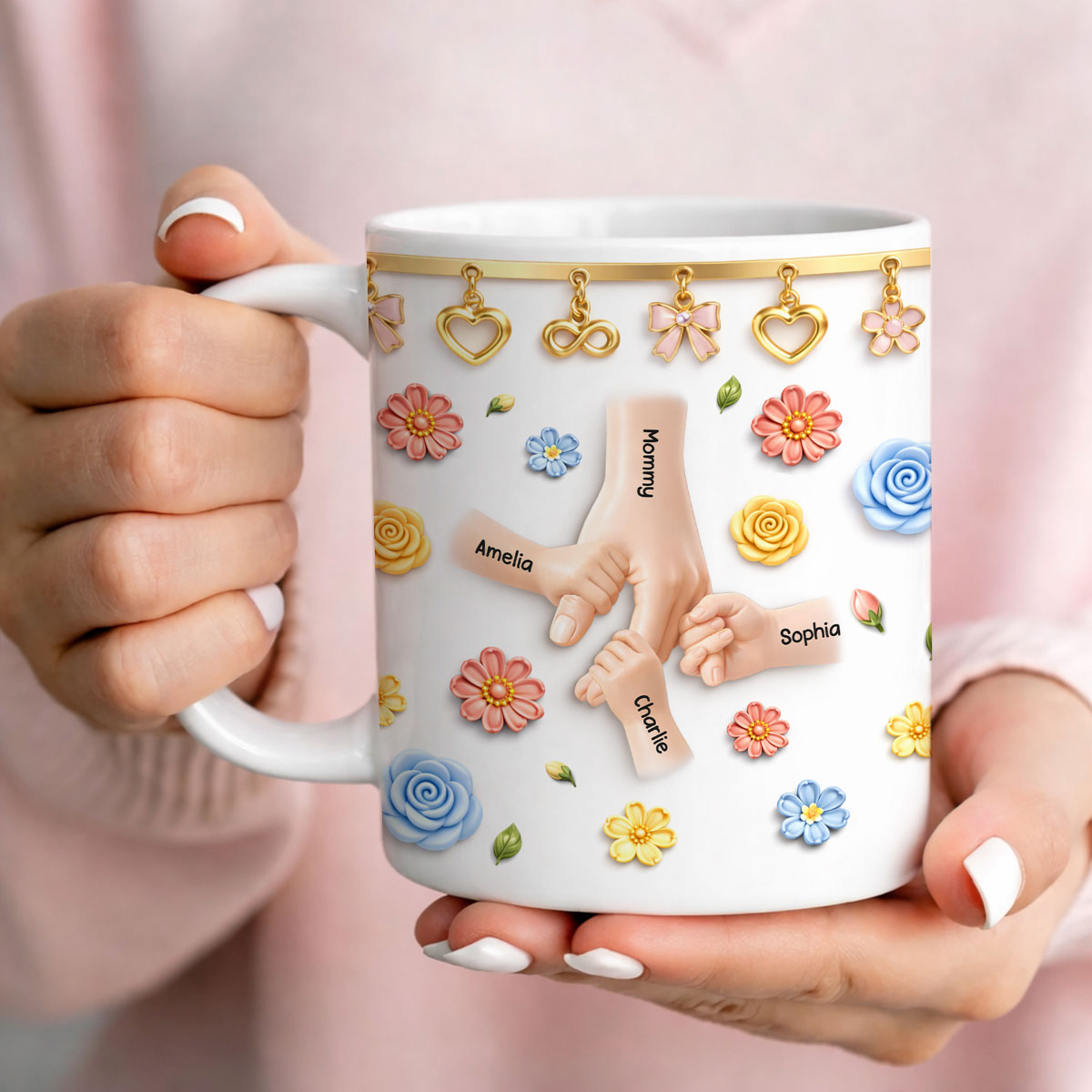 Kids Holding Mom's Hands - Personalized Mug - Gift For Mom