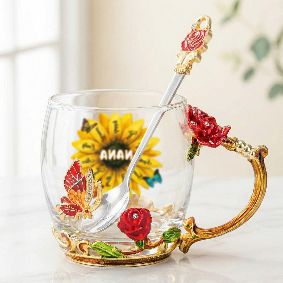 Grandma Sunflower Custom Kids Names - Personalized Enamel Flower Tea Cup - Gift For Grandma, Mom