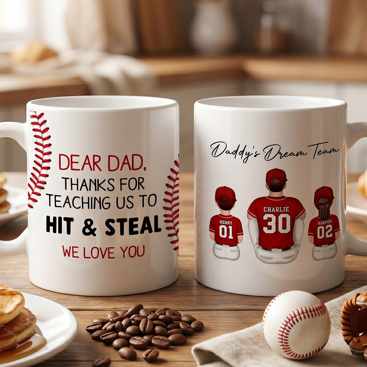 Thank You For Teaching Us To Hit & Steal Back View Baseball Dad & Kids - Personalized Mug - Father's Day Gift For Dad, Husband