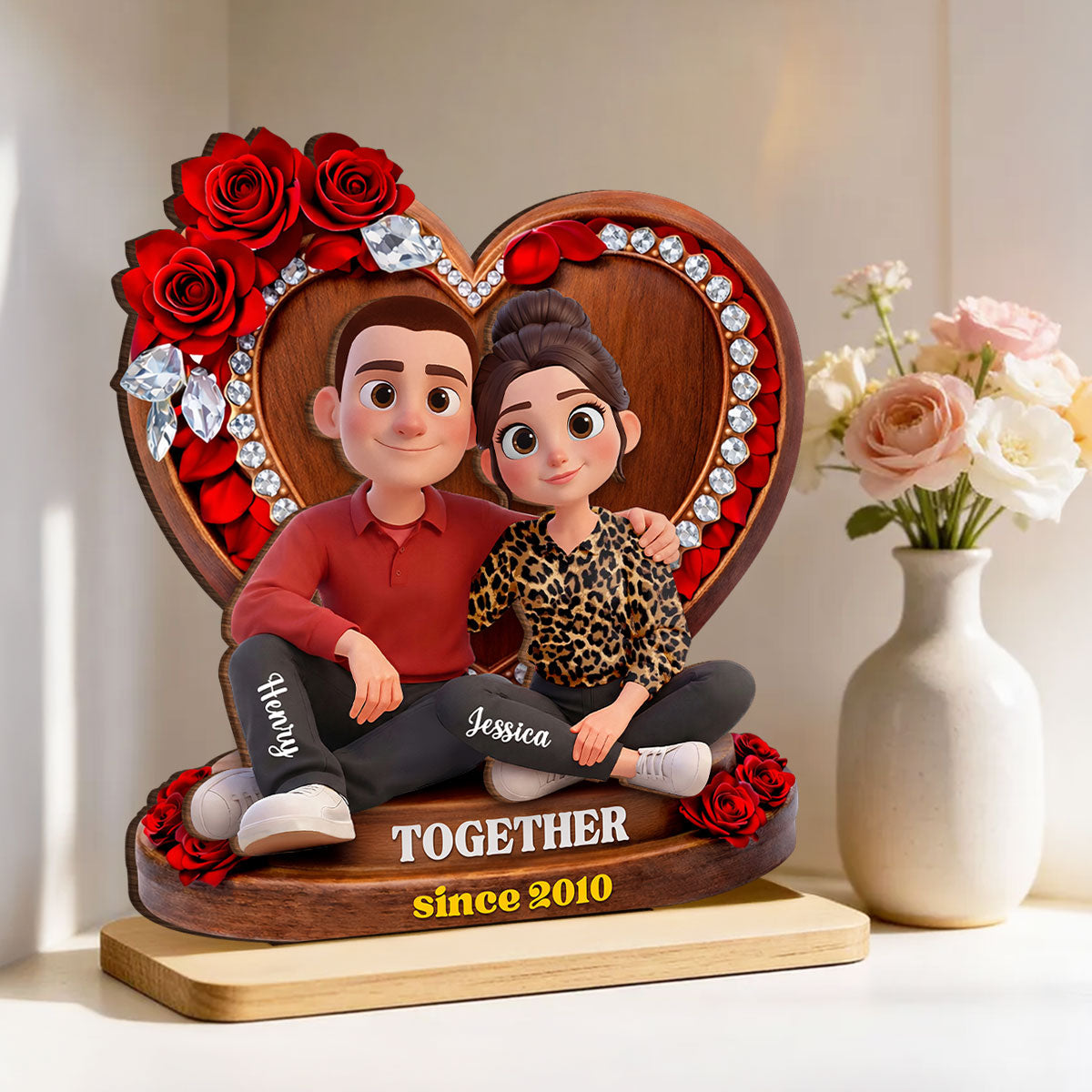 Couple Sitting Rose Heart - Personalized 2-Layered Wooden Plaque - Heartfelt Valentine's Day Gift for Her, for Him