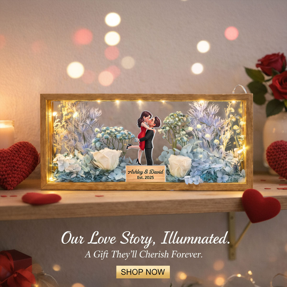 Romantic Couple Hugging Kissing - Personalized DIY Flower Shadow Box LED Night Light - Gift For Couple, For Him, For Her