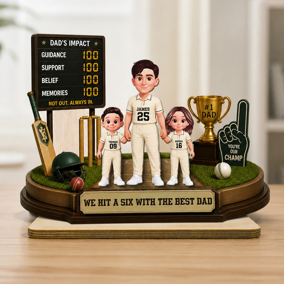 Hit A Six With The Best Dad Cricket Dad & Kids - Personalised 2-Layered Wooden Plaque -  Gift For Husband, Dad