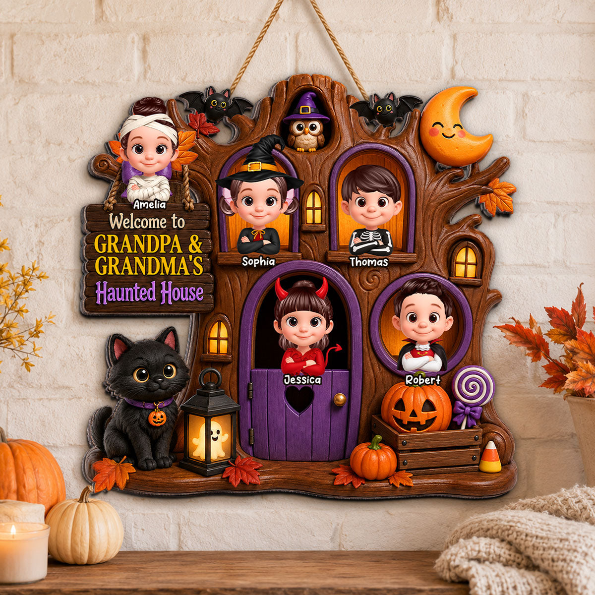Cute Kids Welcome To Grandma Grandpa Haunted House - Personalized Wood Sign - Halloween Decoration For Grandparents