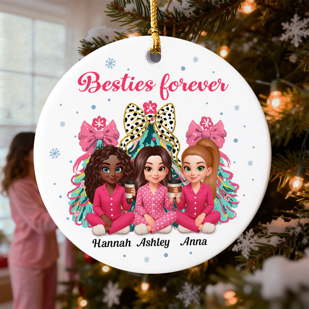Pink Theme Coquette Christmas Tree Besties Forever - Personalized Ceramic Ornament - Christmas Gift For Best Friends
