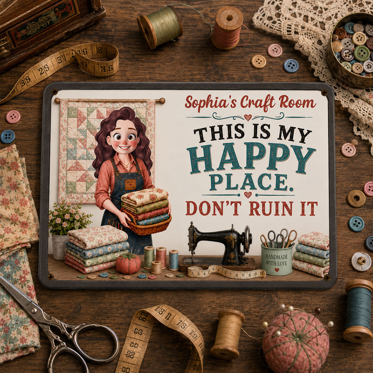 This Is My Happy Place Don't Ruin It Sewing Girl - Personalized Metal Sign - Craft Room Decor