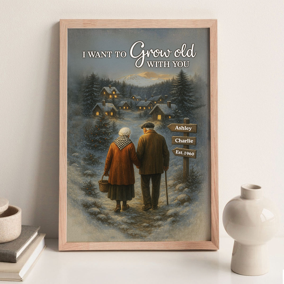 Old Couple Walking in Winter Scene - Personalized Poster - Heartwarming Christmas Gift for him, Gift for her