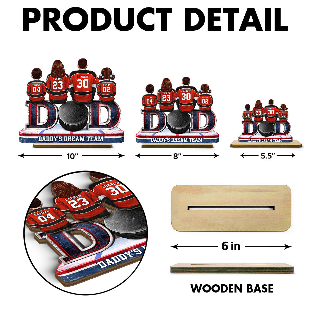 Hockey Dad Family Sitting Back View - Personalized 2-Layered Wooden Plaque - Heartfelt Gift For Hockey Dad, Gift For Husband, Gift For Family