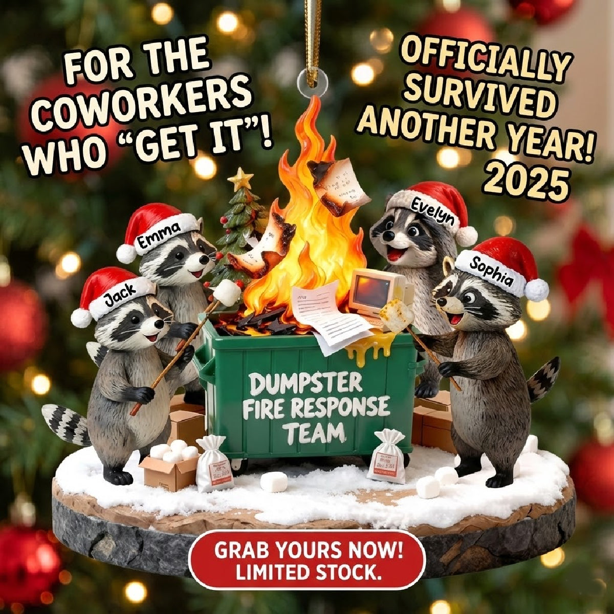 Dumpster Fire Response Team Funny Raccoons - Personalized Acrylic Ornament - Funny Gift For Coworkers, Work Besties