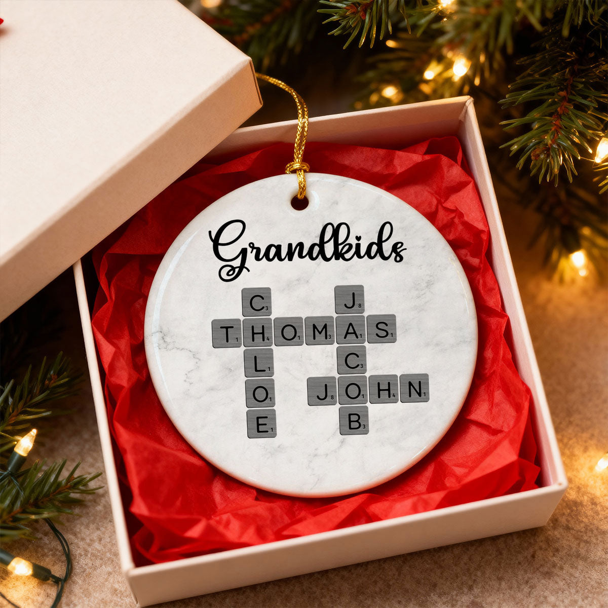 Grandkids Crossword Art - Personalized Ceramic Ornament - Sentimental Gift for Grandma Grandpa Grandkids
