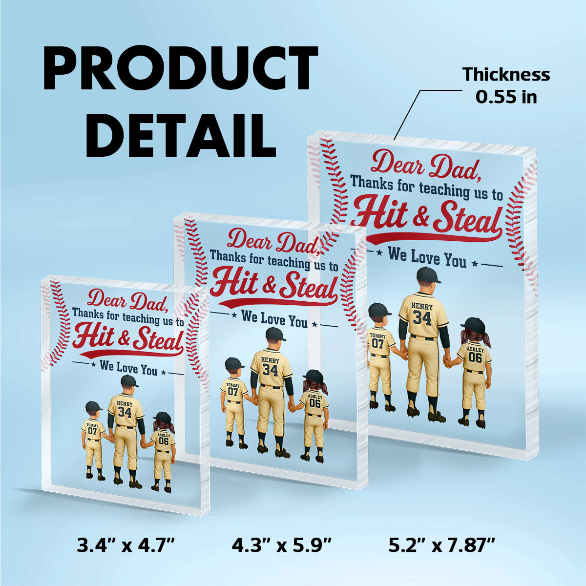 Thank You For Teaching Us To Hit & Steal Baseball Dad & Kids - Personalized Acrylic Block Plaque -  Gift For Dad, Husband