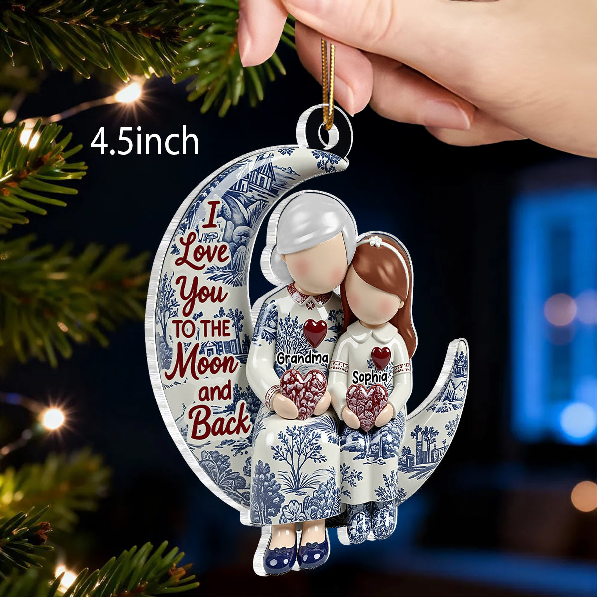 Grandma Grandkids on Moon Toile de Jouy Pattern - Personalized Acrylic Ornament - Sentimental Gift for Grandma