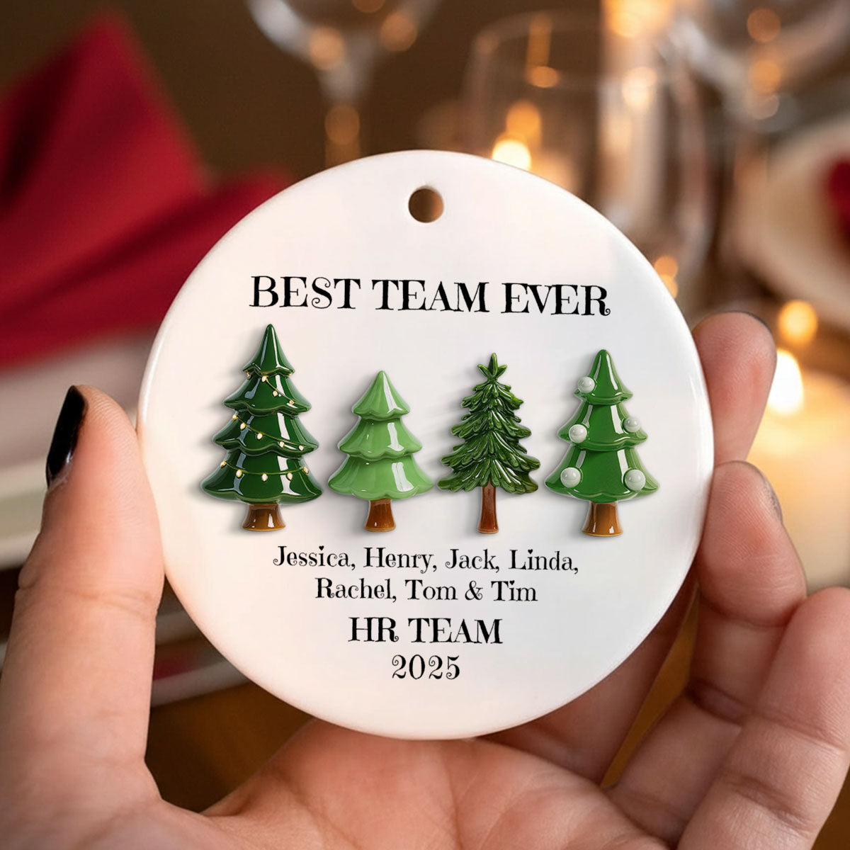 Best Team Ever Christmas Tree Line 3D Effect - Personalized Ceramic Ornament - Gift For Colleagues, Coworkers