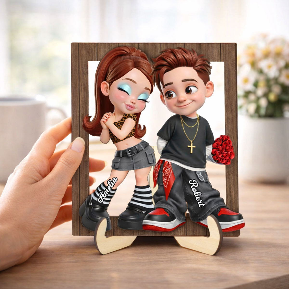 Trendy Y2K Couple Frame - Personalized 2-Layered Wooden Plaque - Heartfelt Valentine's Day Gift For Him, Gift For Her