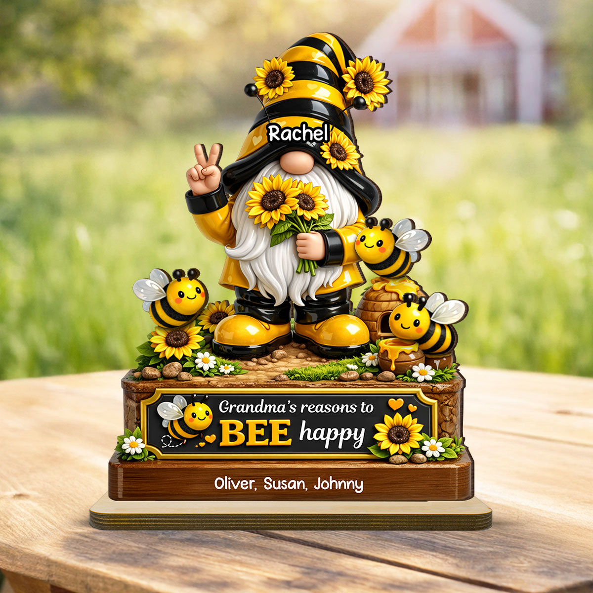 Grandma's Reasons to Bee Happy Cute Gnome - Personalized 2-Layered Wooden Plaque - Heartfelt Gift for Grandma