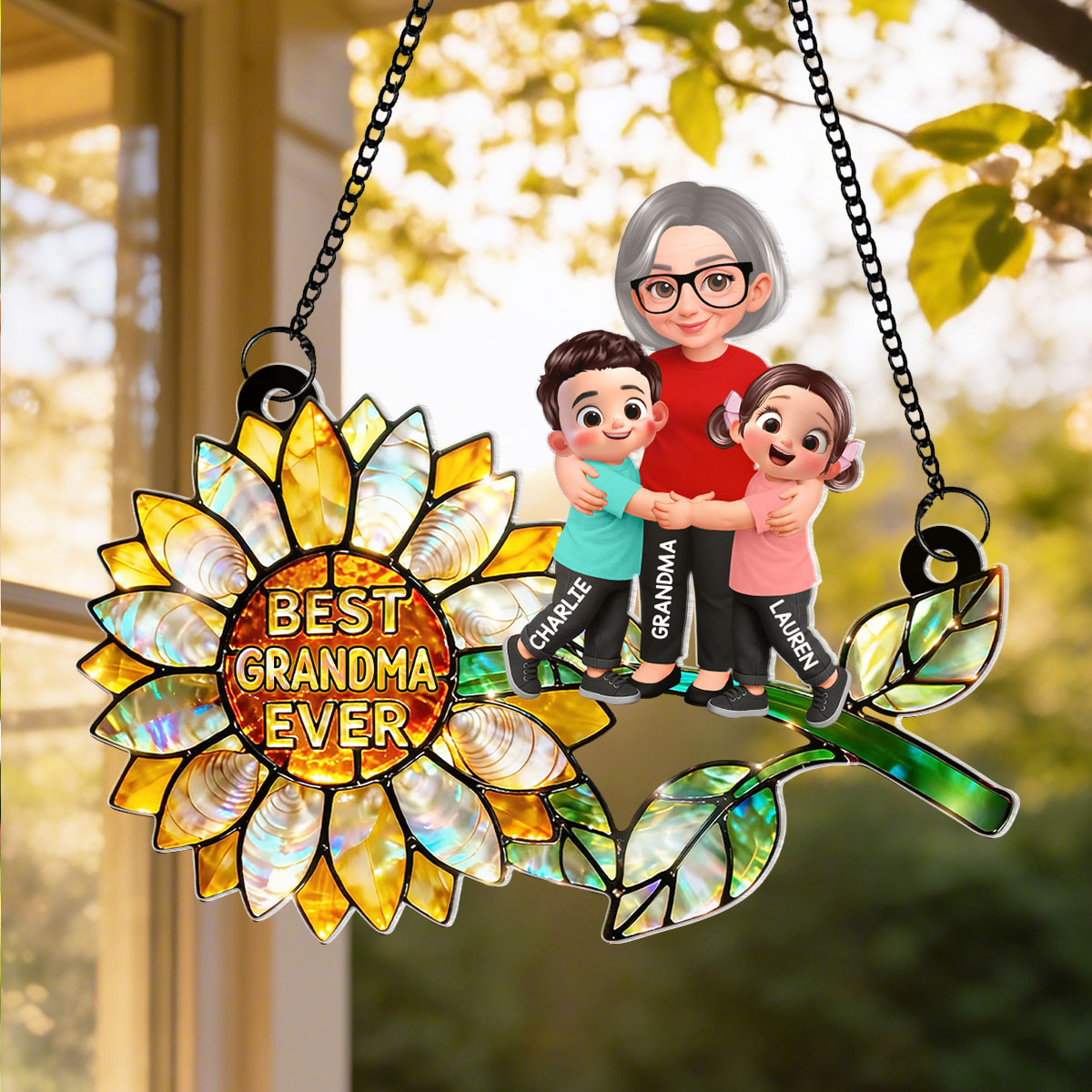 Sunflower Grandma Hugging Grandkids - Personalized Window Hanging Suncatcher - Mother's Day Gift for Mom, Wife
