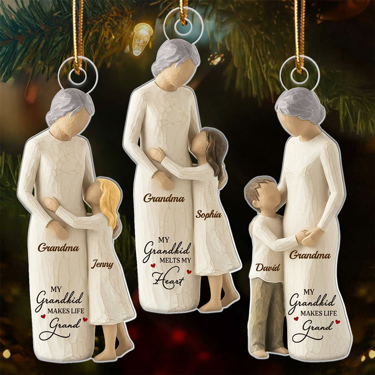 Grandma And Granddaughter Grandson Wooden Figurine - Personalized Acrylic Ornament - Heartwarming Christmas Gift For Grandma, Grandkid, Family
