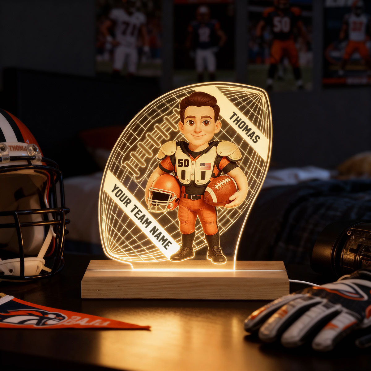 American Football 3D Illusion With Name - Personalize LED Night Light - Gift For Grandson, Son, American Football Lover