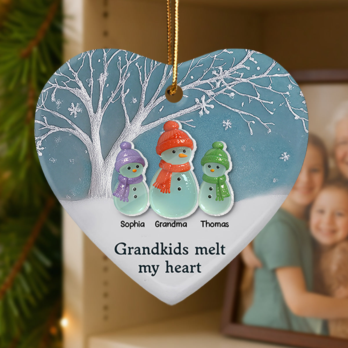 3D Sea Glass Effect Snowman Grandma & Grandkids - Personalized Ceramic Ornament With Acrylic Pieces - Christmas Gift For Grandchildren, Grandma