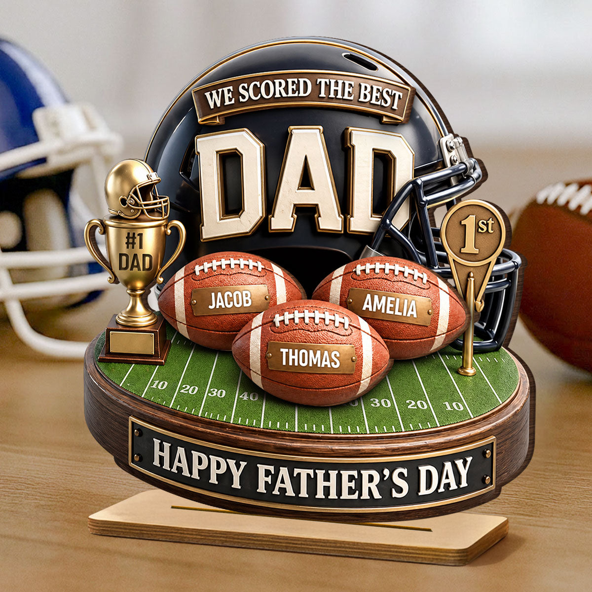We Scored The Best Dad American Football Trophy - Personalized 2-Layered Wooden Plaque - Heartfelt Gift For Football Dad, Gift For Husband