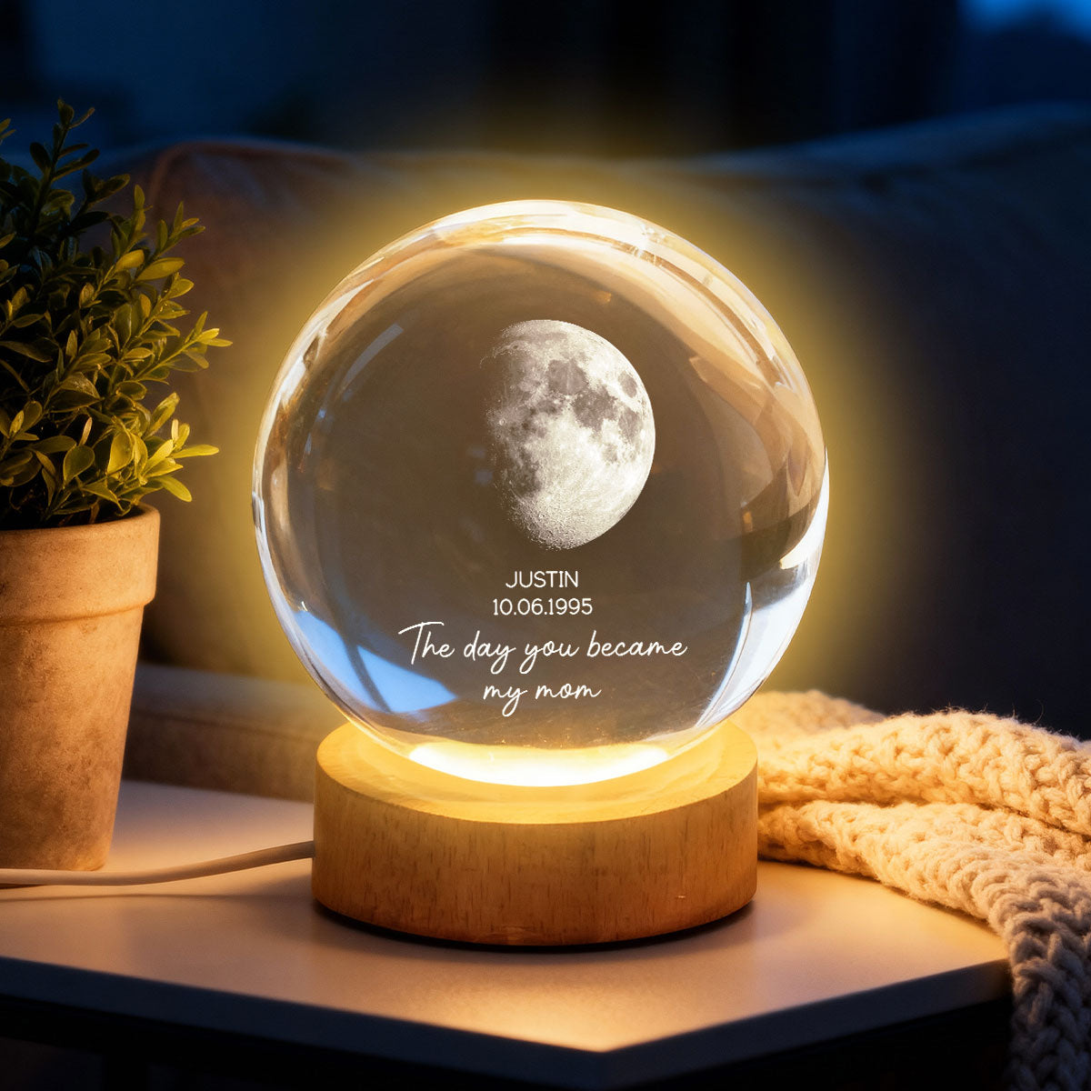 The Day You Became My Mom - Personalized Crystal Ball Night Light - Heartfelt Anniversary Gift for her, for him
