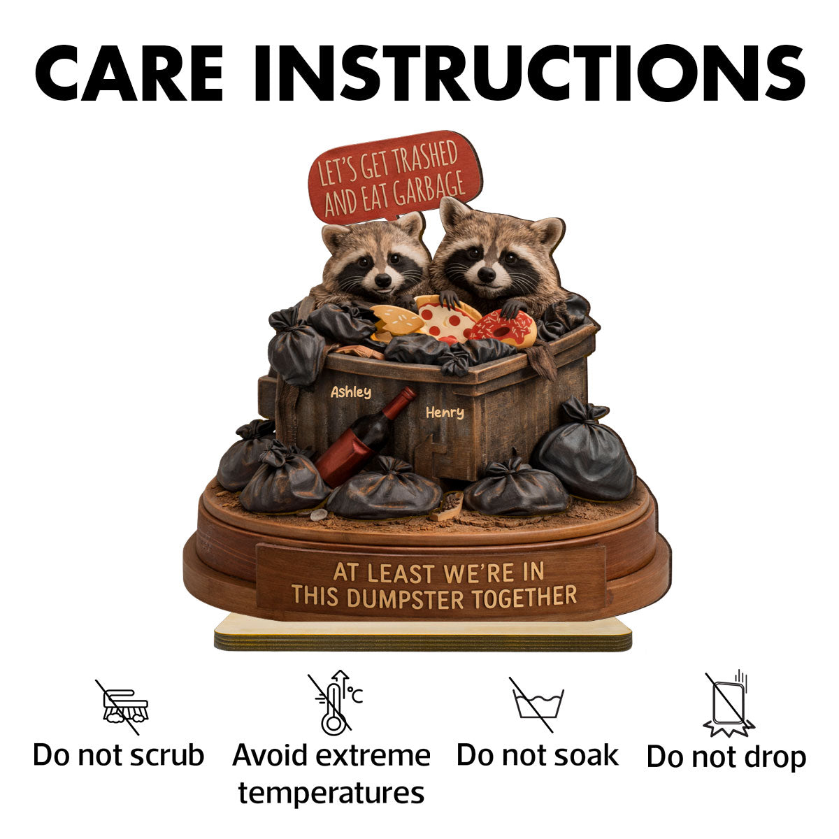 At Least We're In This Dumpster Together Funny Raccoon Couple - Personalized 2-Layered Wooden Plaque - Valentine's Day Gift for him, for her