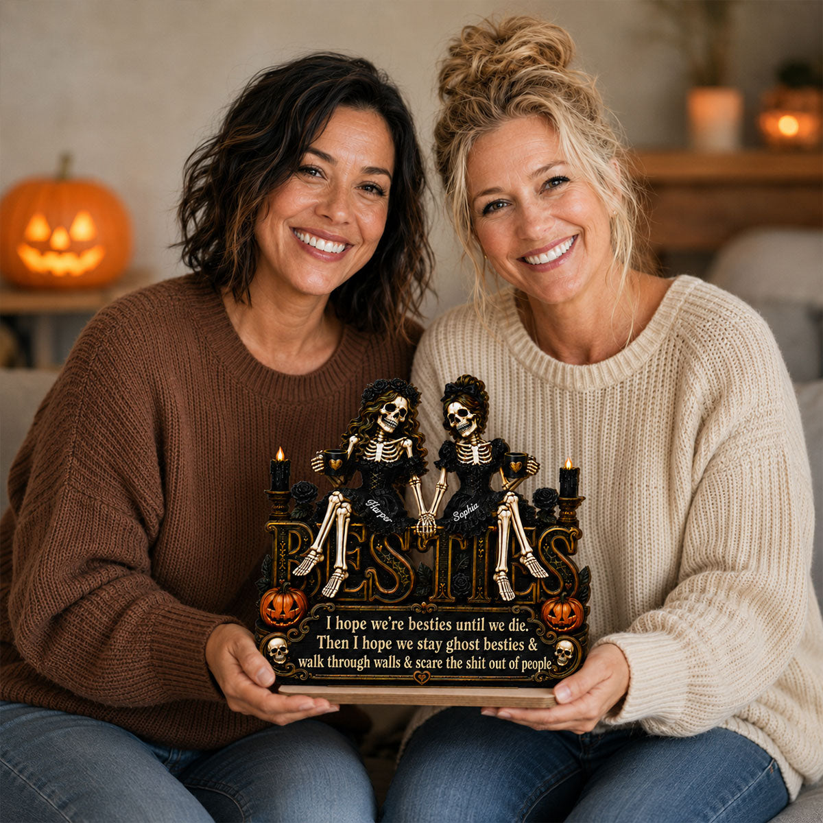 Skeleton Besties Sitting On Word 2D Flat - Personalized 2-Layered Wooden Plaque - Funny Work Bestie Gift, Halloween Keepsake For Best Friends