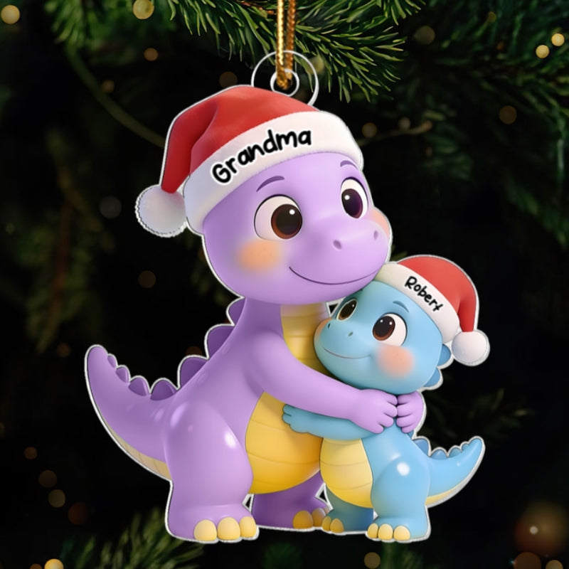 3D Effect Heartwarming Happy Grandmasaurus With Dinosaur Grandkid - Personalized Acrylic Ornament - Gift For Grandkids
