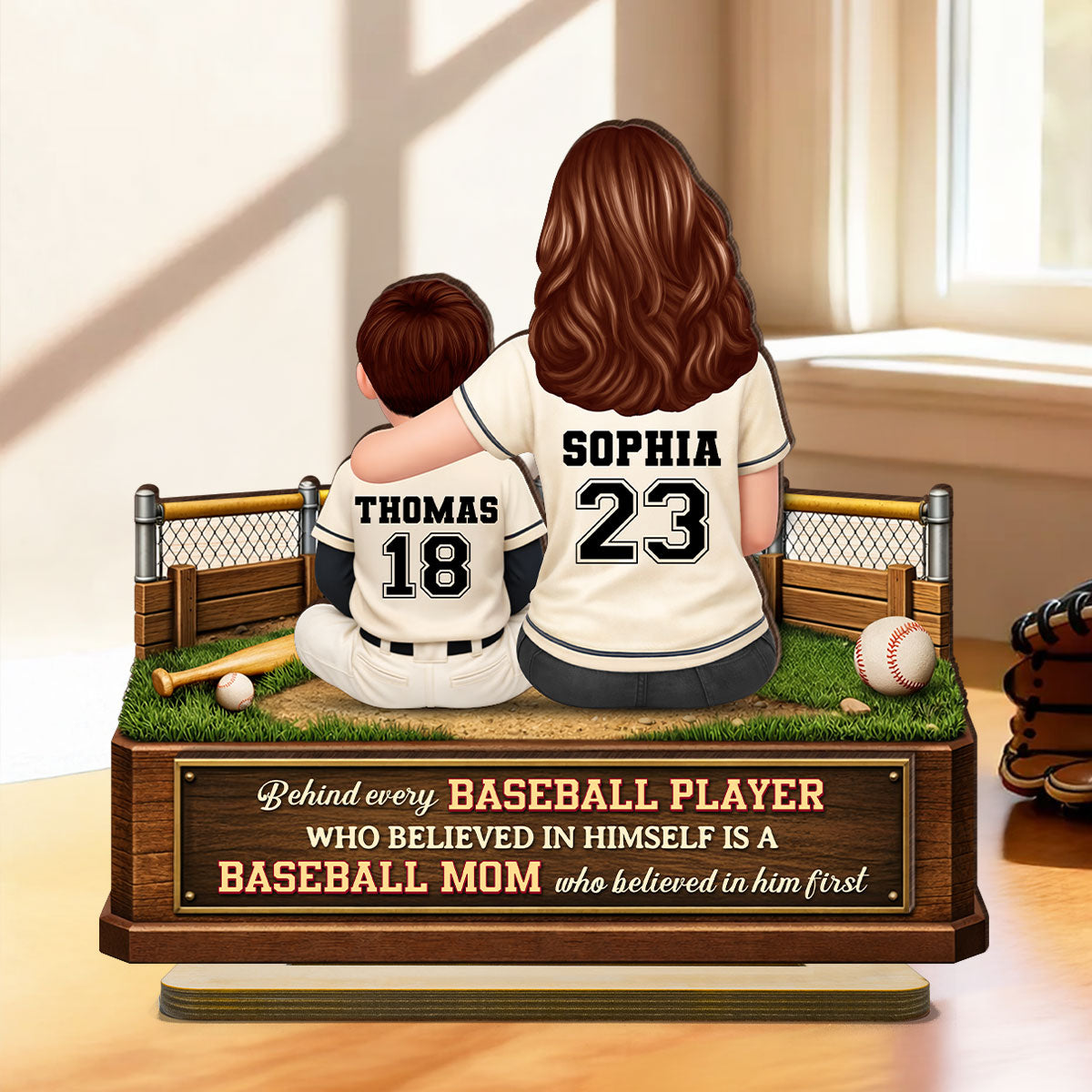 Behind Every Baseball Player is a Mom - Personalized 2-Layered Wooden Plaque - Heartfelt Gift for Mom