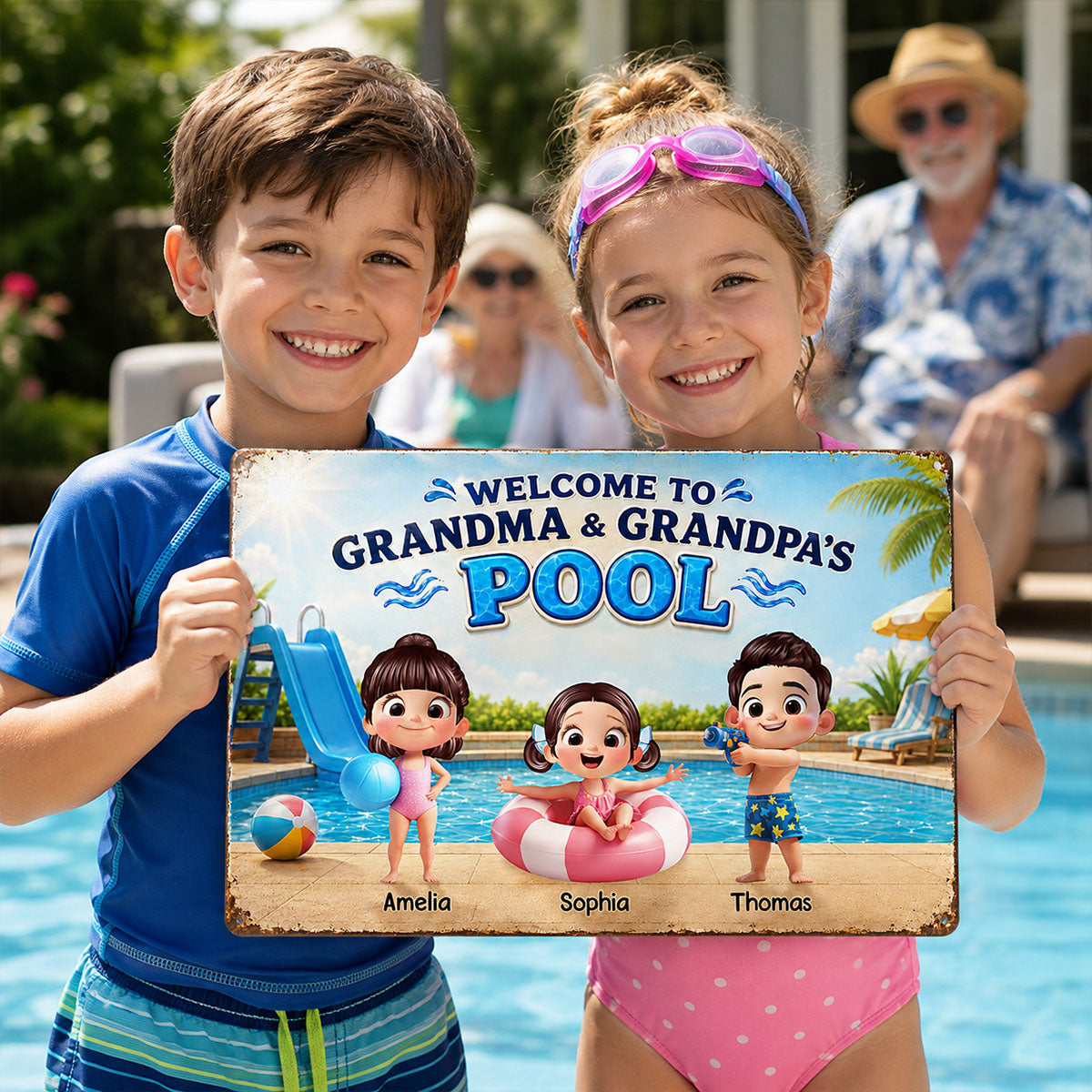 Welcome to Grandma Grandpa's Pool - Personalized Metal Sign - Summer Decor Gift for Grandparents