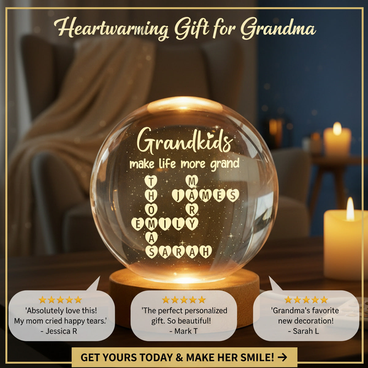 Grandkids Make Life Grand Crossword Puzzle Art - Personalized Crystal Ball Night Light