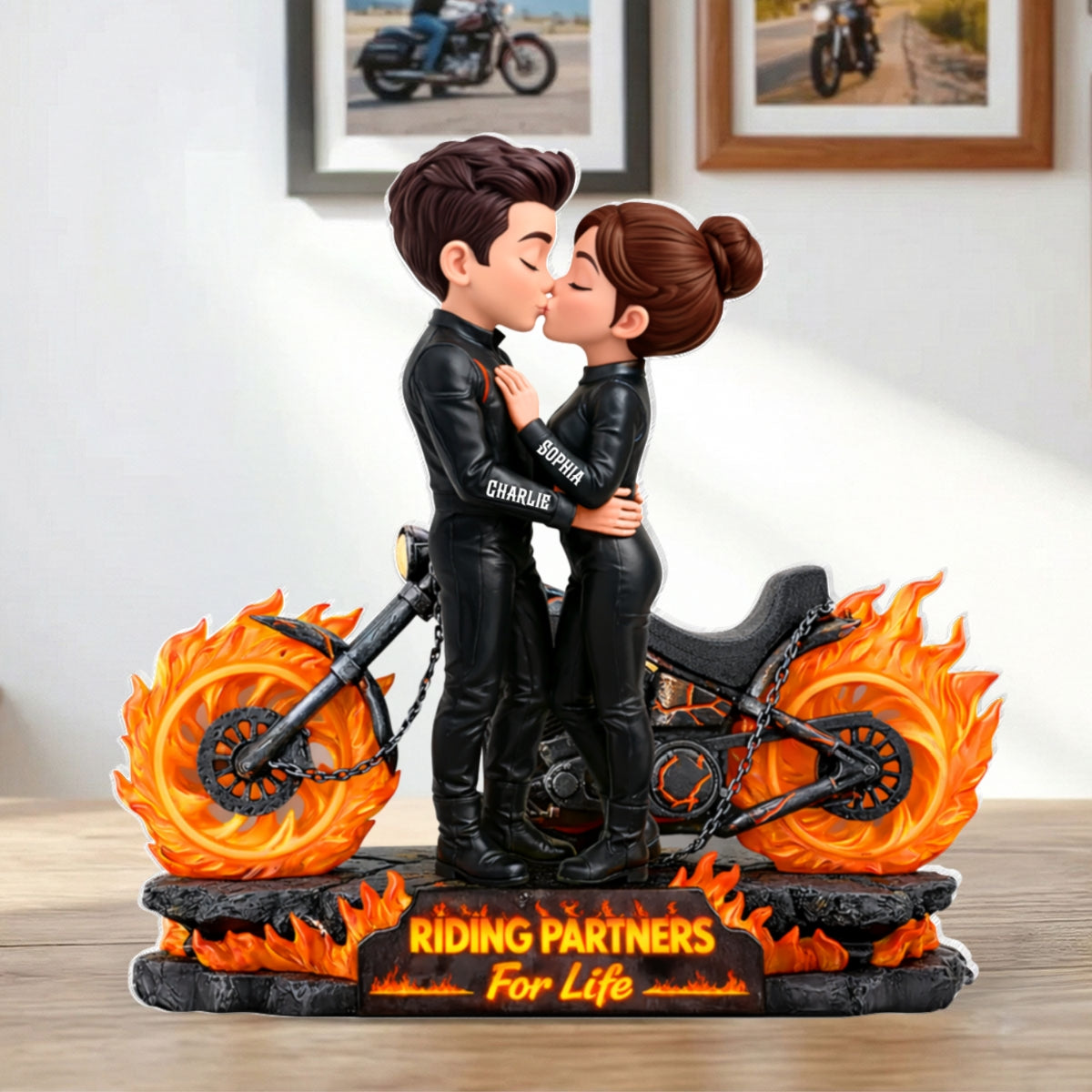 Biker Couple Fire - Personalized Acrylic Block Plaque - Sentimental Gift for Her, for Him