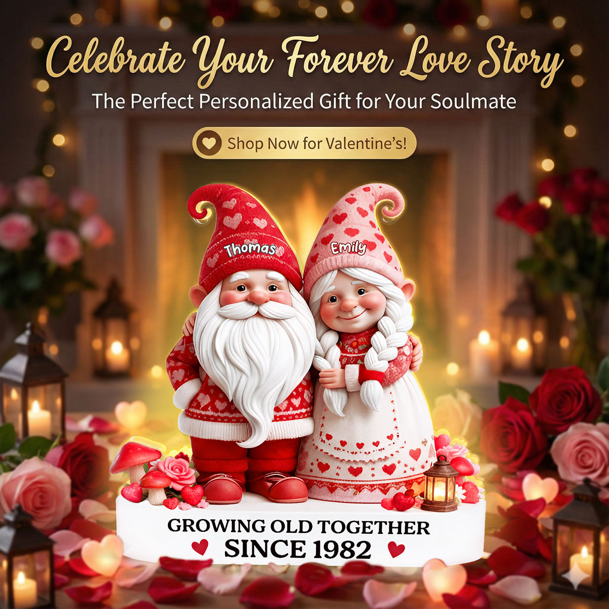 Eternal Love Nostalgia Valentine Gnome Couple Growing Old Together - Personalized Light Box - Heartfelt Valentine's Day Gift, Anniversary Gift For Couple, For Him, For Her